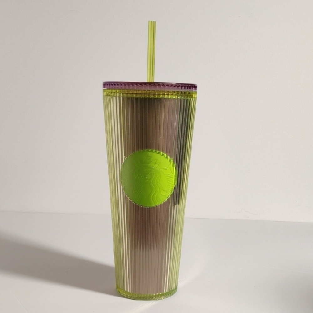 Starbucks 2025 Neon Transparent Lime Lilac Pleated Striped Venti Tumbler 24oz